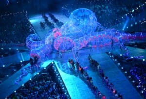 Fatboy Slim at London Olympics 2012 Closing Ceremony on top of a giant octopus performing Right Here, Right Now and Rockafeller Skank