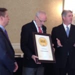 Four Roses Master Distiller accepts the Icons of Whisky Award from Mark Gillespie and Dave Sweet of Whisky Magazine