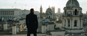 James Bond in Skyfall overlooks the Uniion Jack Flags flying over London after the death of M