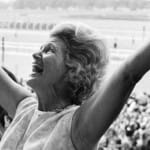Penny Chenery, owner of Secretariat, reacts after winning the 1973 Triple Crown.