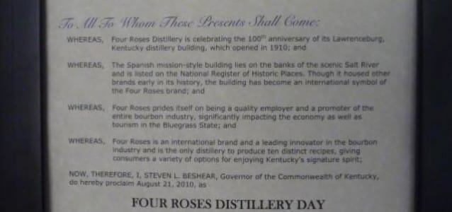 Four Roses Distillery Day in Honor of 100th Distillery Anniversary declared by Kentucky Governor Steve Beshear